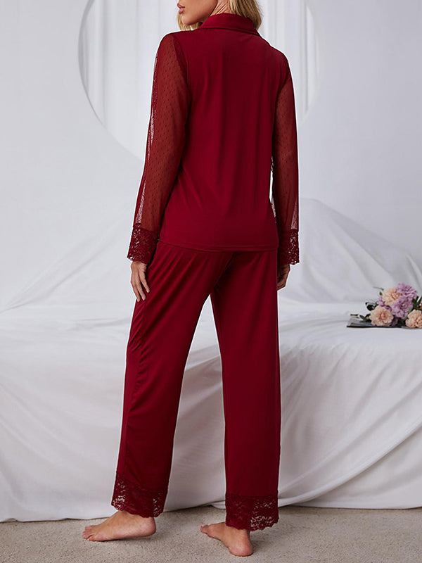 Long Sleeves Loose Gauze See-Through Solid Color Split-Joint Lapel Pajamas Two Pieces Set