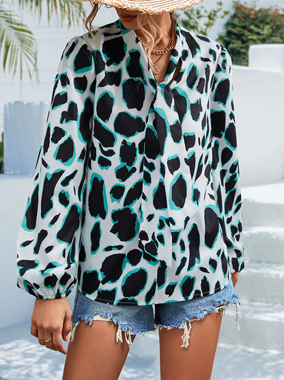 Bishop Sleeve Long Sleeves Elasticity Leopard Tied V-Neck Blouses&Shirts Tops