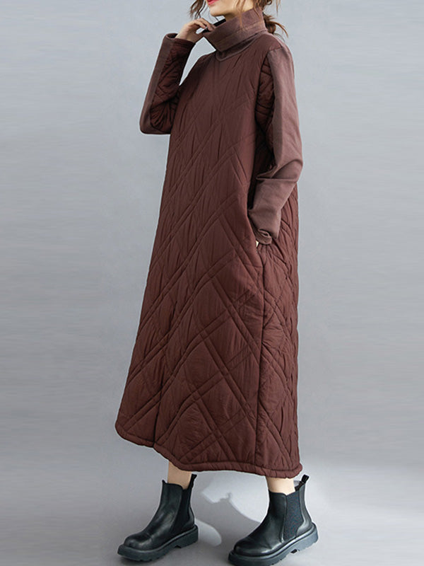 Simple Split-Joint High-Neck H-Line Quilted Midi Dress