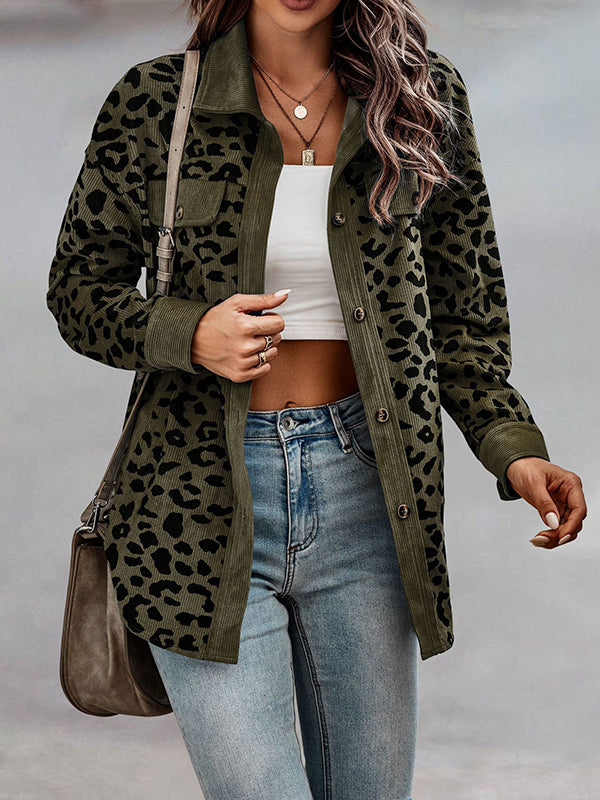 Long Sleeves Loose Buttoned Leopard Pockets Split-Joint Lapel Jackets Outerwear