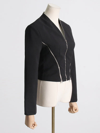 Long Sleeves Split-Joint Zipper V-neck Jackets Outerwear