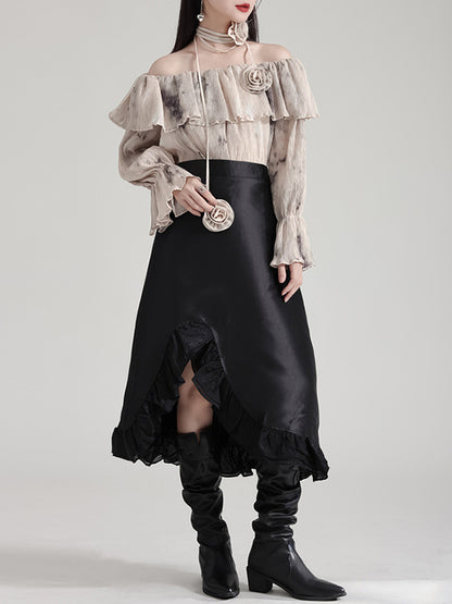 High Waisted Asymmetric Ruffled Solid Color Split-Joint Skirts Bottoms