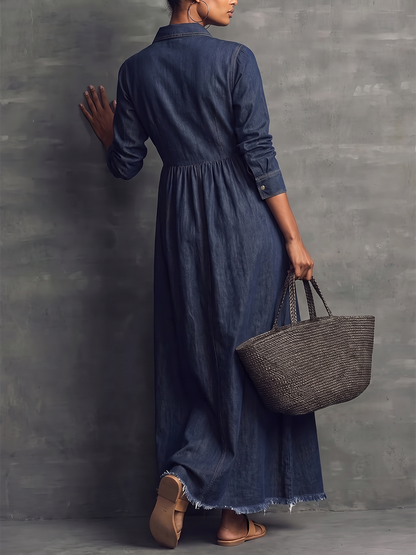 Split-Joint Solid Color Pockets Pleated Buttoned Long Sleeves A-line Lapel Maxi Dresses