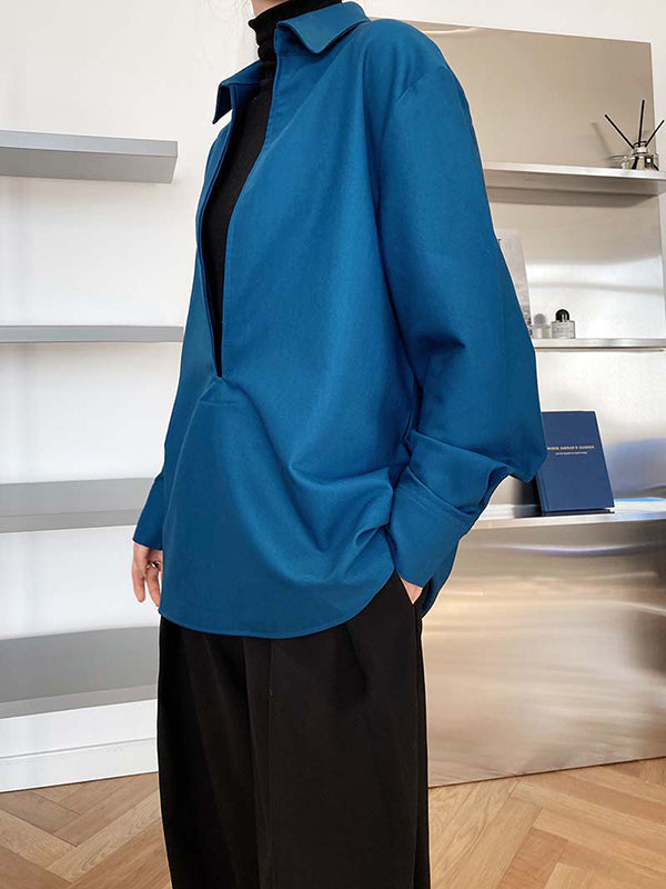Long Sleeves Loose Solid Color Lapel Blouses