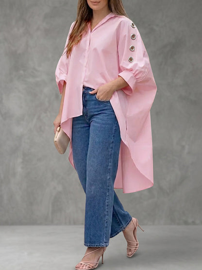 High-Low Loose Buttoned Hollow Pleated Solid Color Lapel Blouses&Shirts Tops