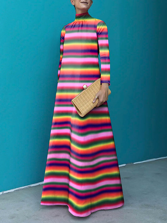 Long Sleeves Loose Contrast Color Striped Stand Collar Maxi Dresses