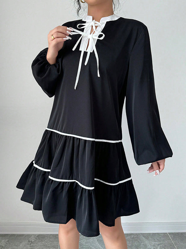 A-Line Long Sleeves Elasticity Pleated Tied V-Neck Mini Dresses