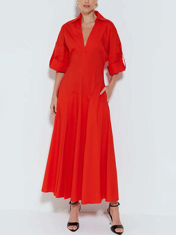 A-Line High Waisted Pleated Solid Color V-Neck Maxi Dresses Shirt Dress