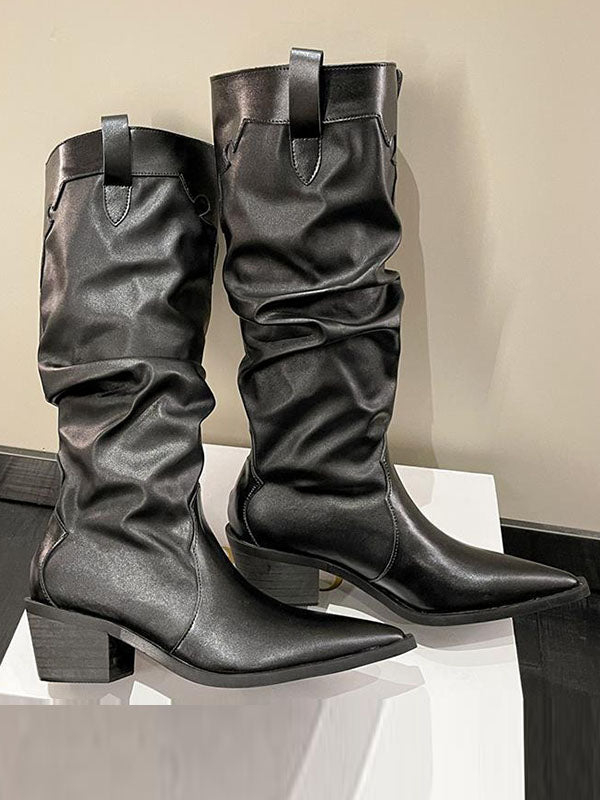Chunky Shoes Pleated Pointed-Toe Solid Color Boots