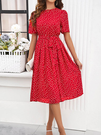 A-Line Elasticated Waist Contrast Color Polka Dot Split-Joint Tied Waist Round-Neck Midi Dresses