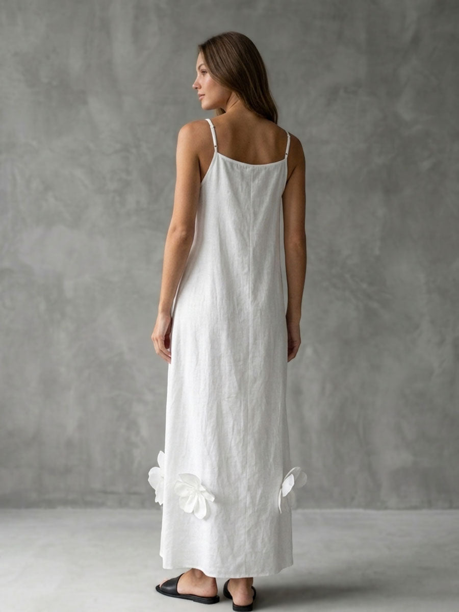 A-Line Loose Pleated Solid Color Split-Joint Three-Dimensional Flower Spaghetti-Neck Midi Dresses