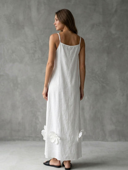 A-Line Loose Pleated Solid Color Split-Joint Three-Dimensional Flower Spaghetti-Neck Midi Dresses