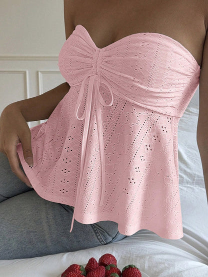 Skinny Sleeveless Backless Hollow Pleated Solid Color Split-Joint Tied Tube Vest Top