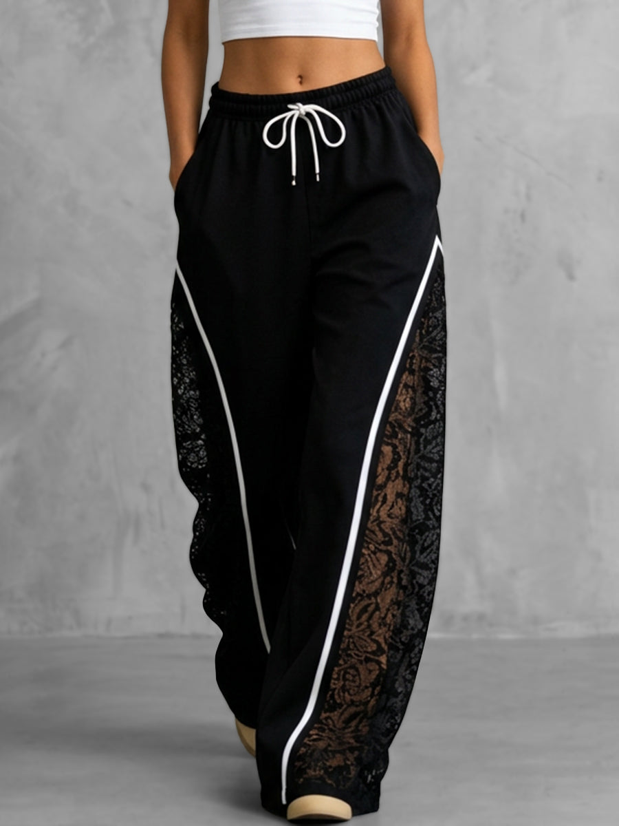 High Waisted Loose Contrast Color Drawstring Elasticity Pockets See-Through Split-Joint Pants Trousers