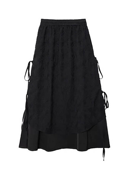 Solid Color Split-Joint Asymmetric Drawstring Flower Print   False Two Lapel Buttoned Pockets Blouses&Shirts Tops + Elasticated Waist Double Layered Skirts Bottoms Two Pieces Set