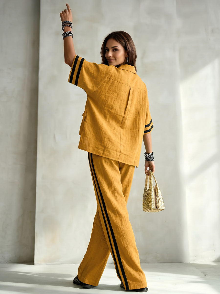 Striped Pockets Elasticity Contrast Color Wide Leg High Waisted Trousers Pants