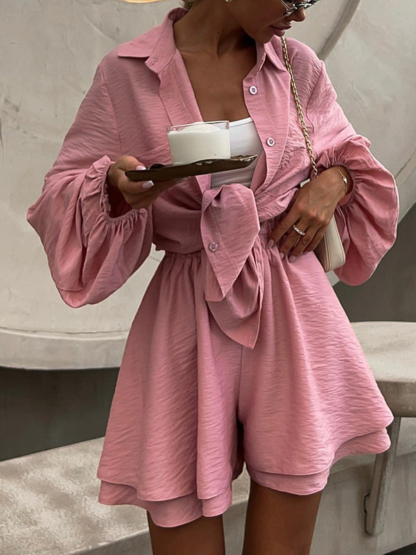 Solid Color Long Sleeves Loose Buttoned Elasticity Pockets Lapel Shirts Top + Shorts Bottom Two Pieces Set
