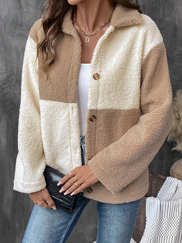 Long Sleeves Loose Buttoned Contrast Color Velvet Lapel Outerwear