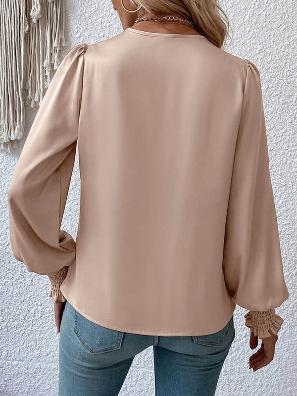 Long Sleeves Loose Elasticity Solid Color V-Neck Blouses&Shirts Tops