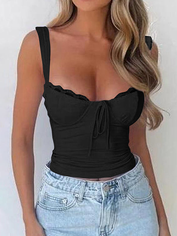 Skinny Sleeveless Solid Color Tied Spaghetti-Neck Camis