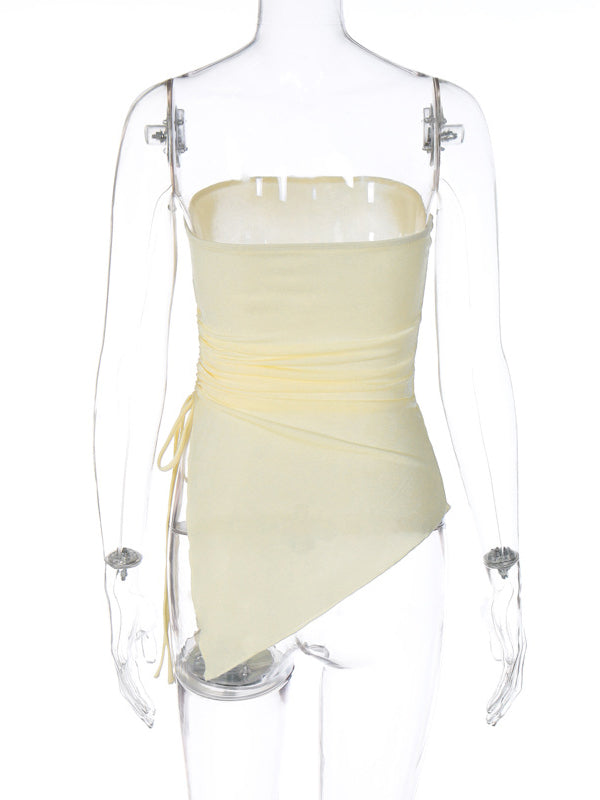 Irregular Clipping Skinny Asymmetric Drawstring Solid Color Split-Side Tube Vest Top