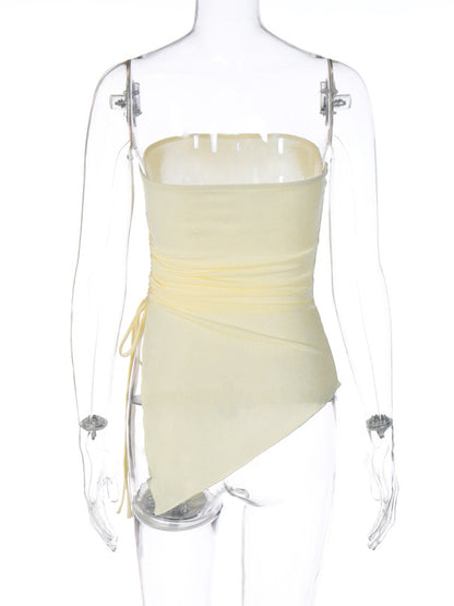 Irregular Clipping Skinny Asymmetric Drawstring Solid Color Split-Side Tube Vest Top