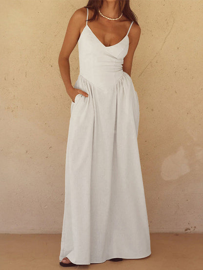 Split-Joint Solid Color Pockets Pleated Backless Sleeveless High Waisted Spaghetti-Neck Midi Dresses