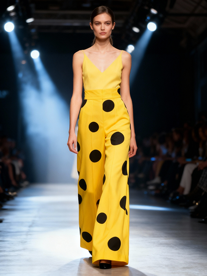 Elasticated Waist High Waisted Contrast Color Pockets Polka-Dot Split-Joint Pants