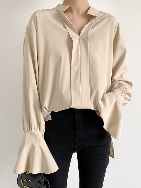 Flared Sleeves High-Low Buttoned Solid Color Split-Side V-Neck Blouses&Shirts Tops