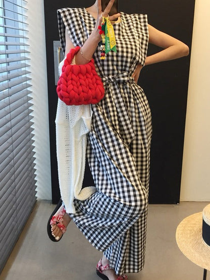 High Waisted Loose Plaid Pockets Tied Waist Round-neck Jumpsuits