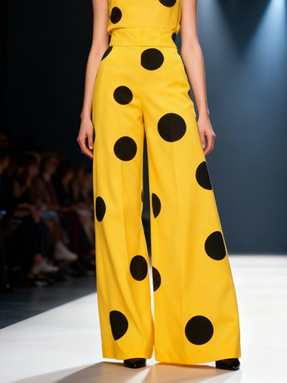 Elasticated Waist High Waisted Contrast Color Pockets Polka-Dot Split-Joint Pants