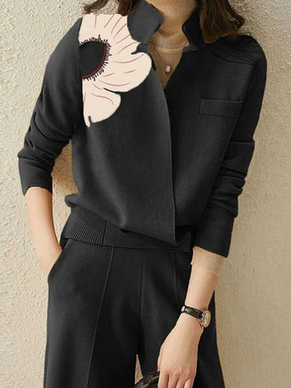 Long Sleeves Loose Asymmetric Floral Printed Split-Joint Lapel Cardigan Tops