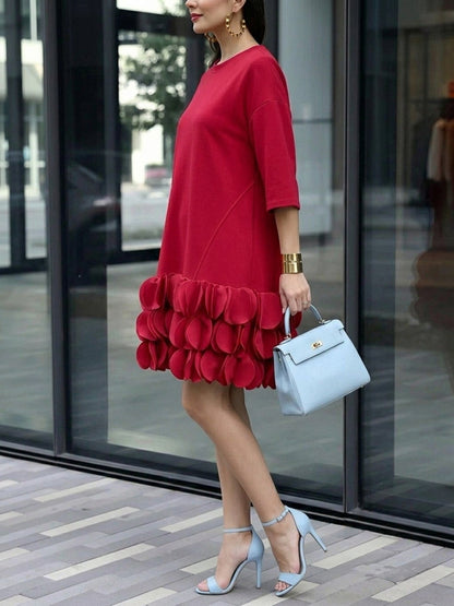 A-Line Loose Solid Color Split-Joint Three-Dimensional Flower Round-Neck Midi Dresses-1