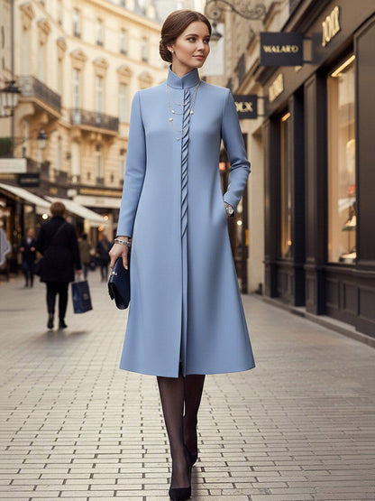 A-Line Bodycon Asymmetric Pleated Pockets Solid Color Split-Joint Stand Collar Midi Dresses