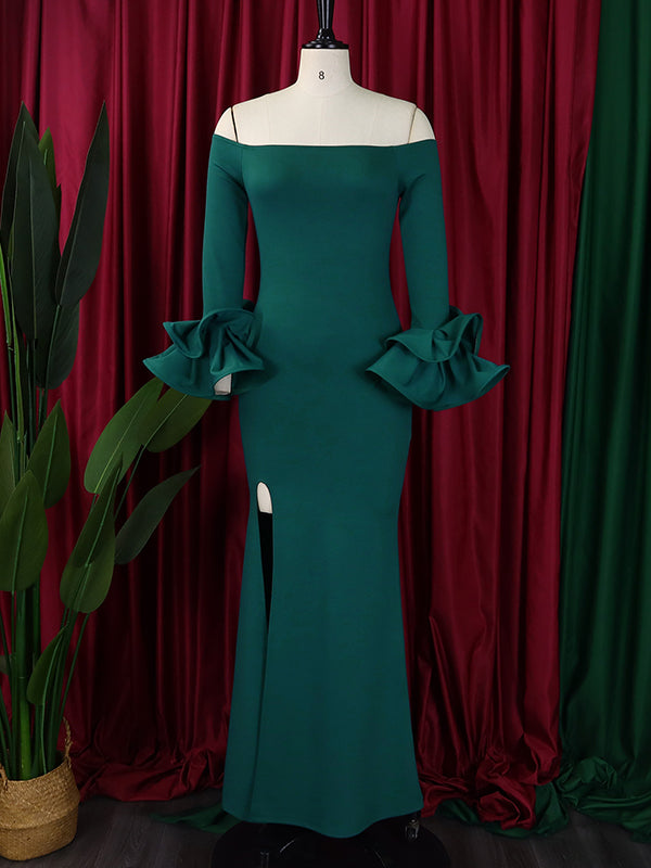 Bodycon Flared Sleeves Falbala Solid Color Split-side Off-the-shoulder Maxi Dresses