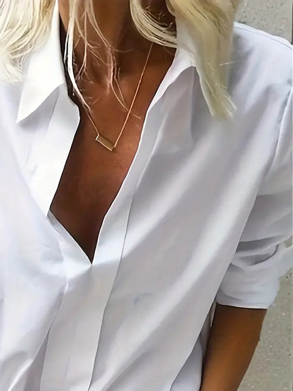 Long Sleeves Loose Solid Color Split-Joint Lapel Blouses&Shirts Tops