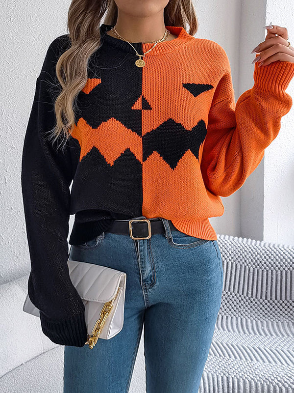 Long Sleeves Loose Contrast Color Split-Joint Round-Neck Pullovers Sweater Tops