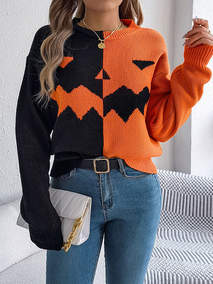 Long Sleeves Loose Contrast Color Split-Joint Round-Neck Pullovers Sweater Tops