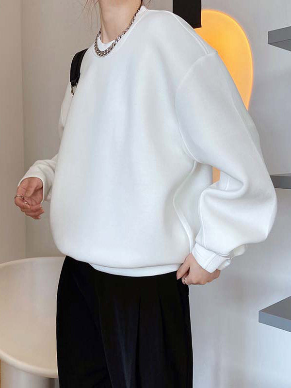 Long Sleeves Loose Solid Color Round-Neck Sweatshirt Tops
