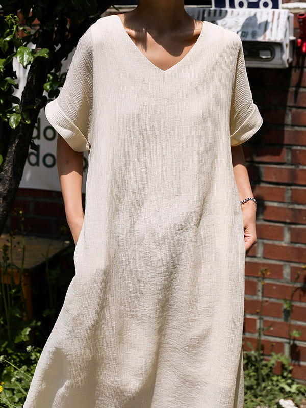 A-Line Loose Hollow Solid Color Split-Side Tied Waist V-Neck Midi Dresses