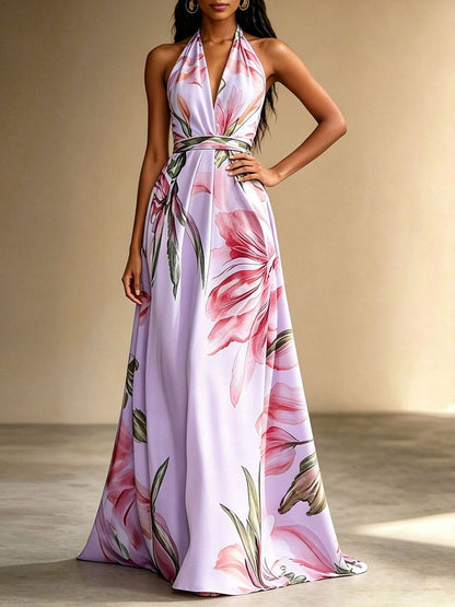 Flower Print Drawstring Contrast Color Backless Sleeveless Loose V-neck Midi Dresses