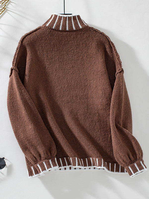 Long Sleeves Loose Contrast Color Split-Joint High Neck Pullovers Sweater Tops