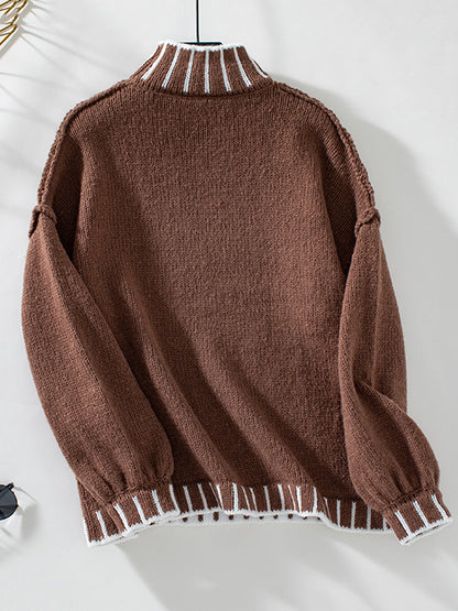 Long Sleeves Loose Contrast Color Split-Joint High Neck Pullovers Sweater Tops