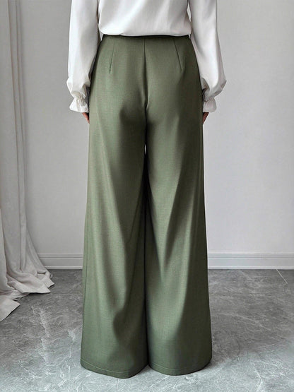High Waisted Wide Leg Buttoned Solid Color Pants Trousers