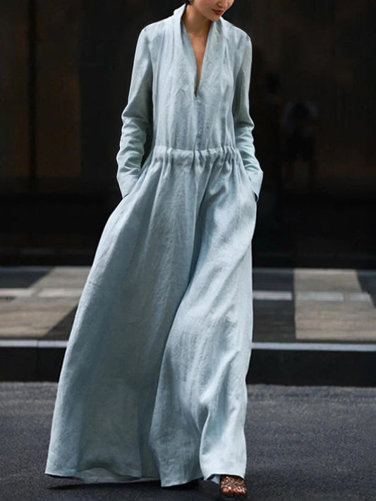 Long Sleeves Loose Elasticity Solid Color V-Neck Maxi Dresses