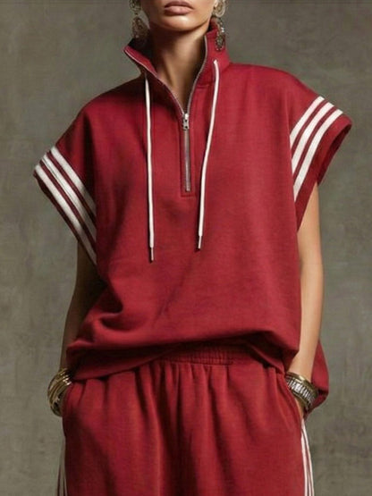 Loose Sleeveless Contrast Color Drawstring Split-Joint Striped Zipper Mock Neck Blouses&Shirts Tops