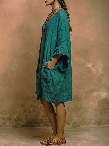 Batwing Sleeves Loose Pockets Solid Color Deep V-Neck Mini Dresses