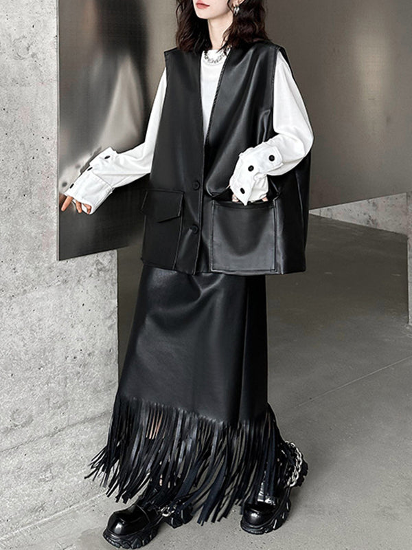 Loose Solid Color V-Neck Sleeveless Buttoned Pockets Vest Top + High Waisted Elasticity Tasseled Skirt Bottom Two Pieces Set