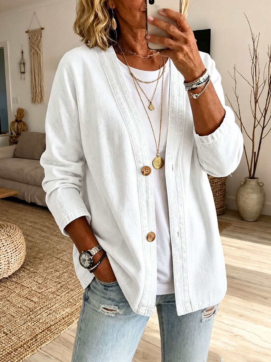 Long Sleeves Plus Size Buttoned Solid Color Collarless Denim Outerwear