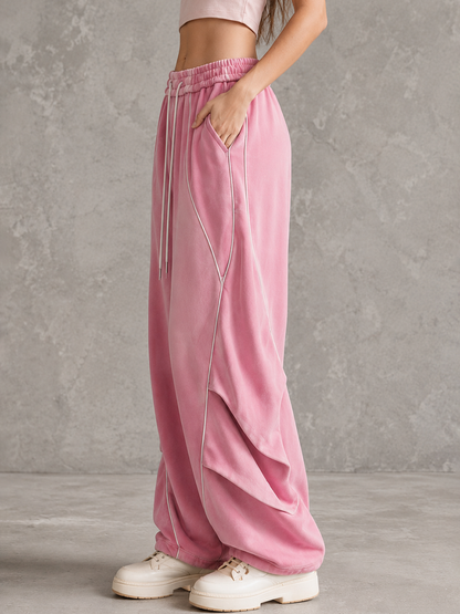 High Waisted Wide Leg Drawstring Elasticity Pockets Solid Color Split-Joint Pants Trousers